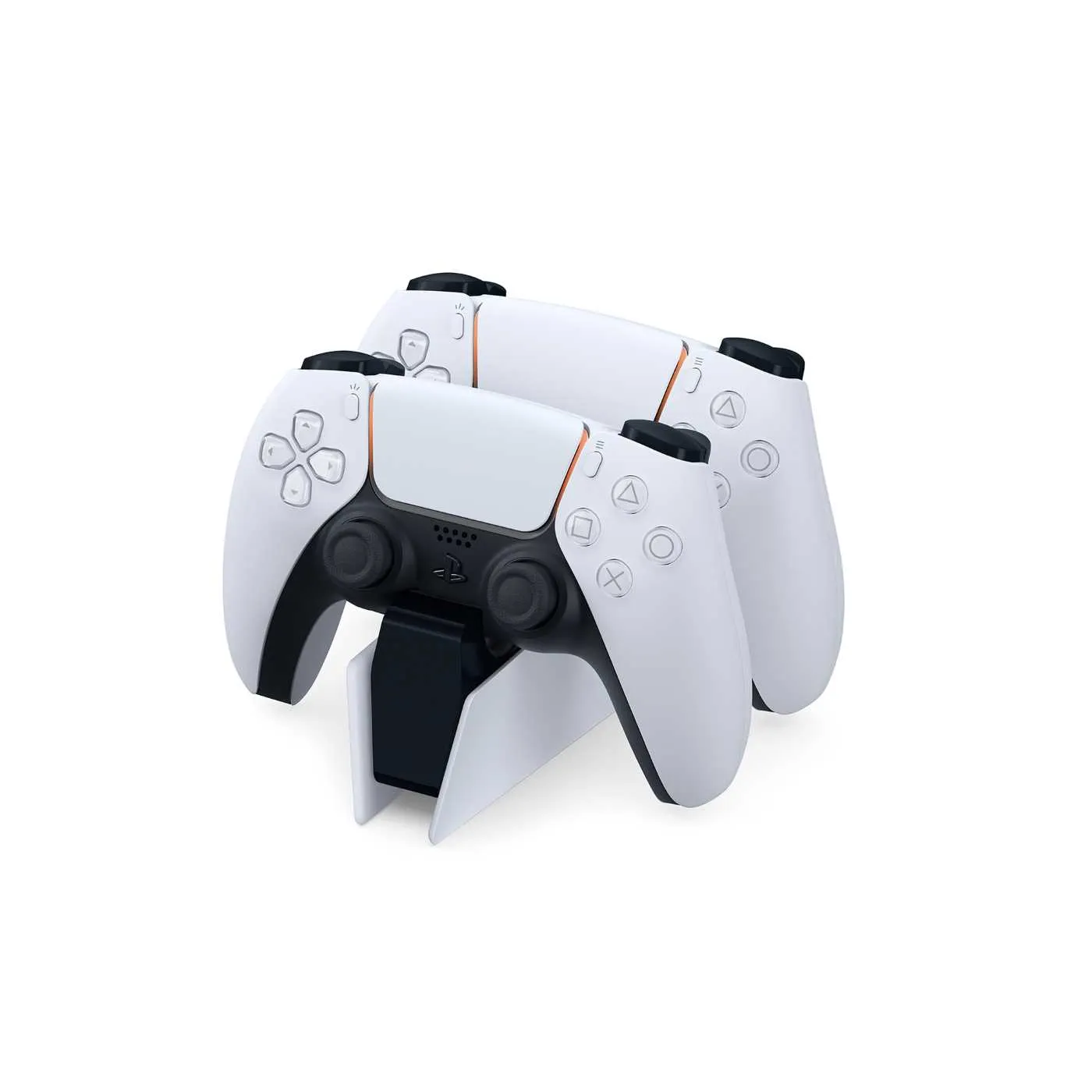 Cargador dual blanco y negro con dos controles de consola blancos tipo DualSense colocados en la base, vista en ángulo.