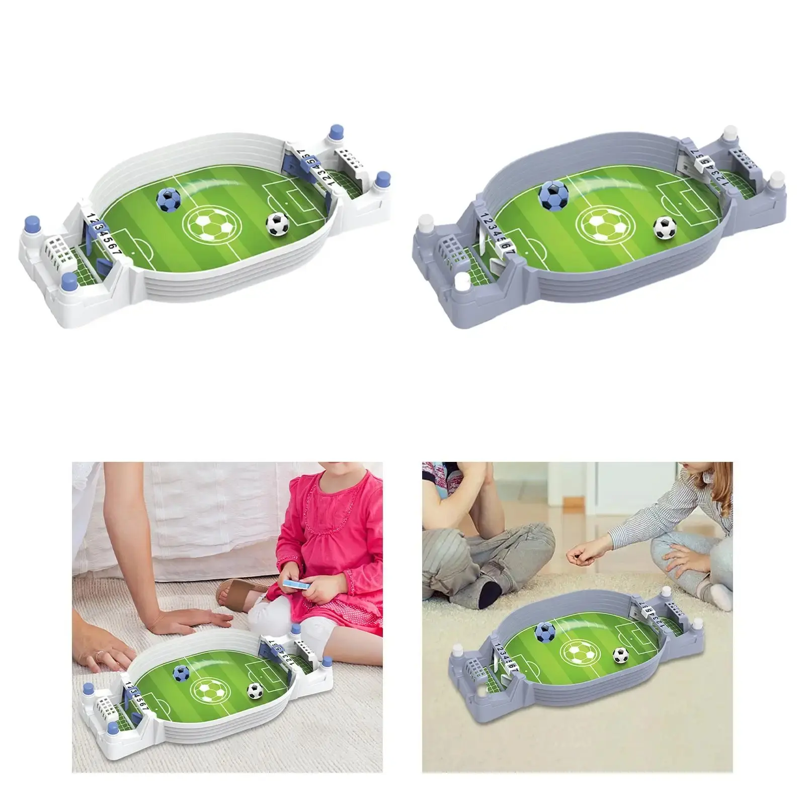 Futbolito de mesa portátil para niños en colores blanco y gris, incluye dos balones y marcadores de puntos, ideal para jugar en familia sobre superficies.