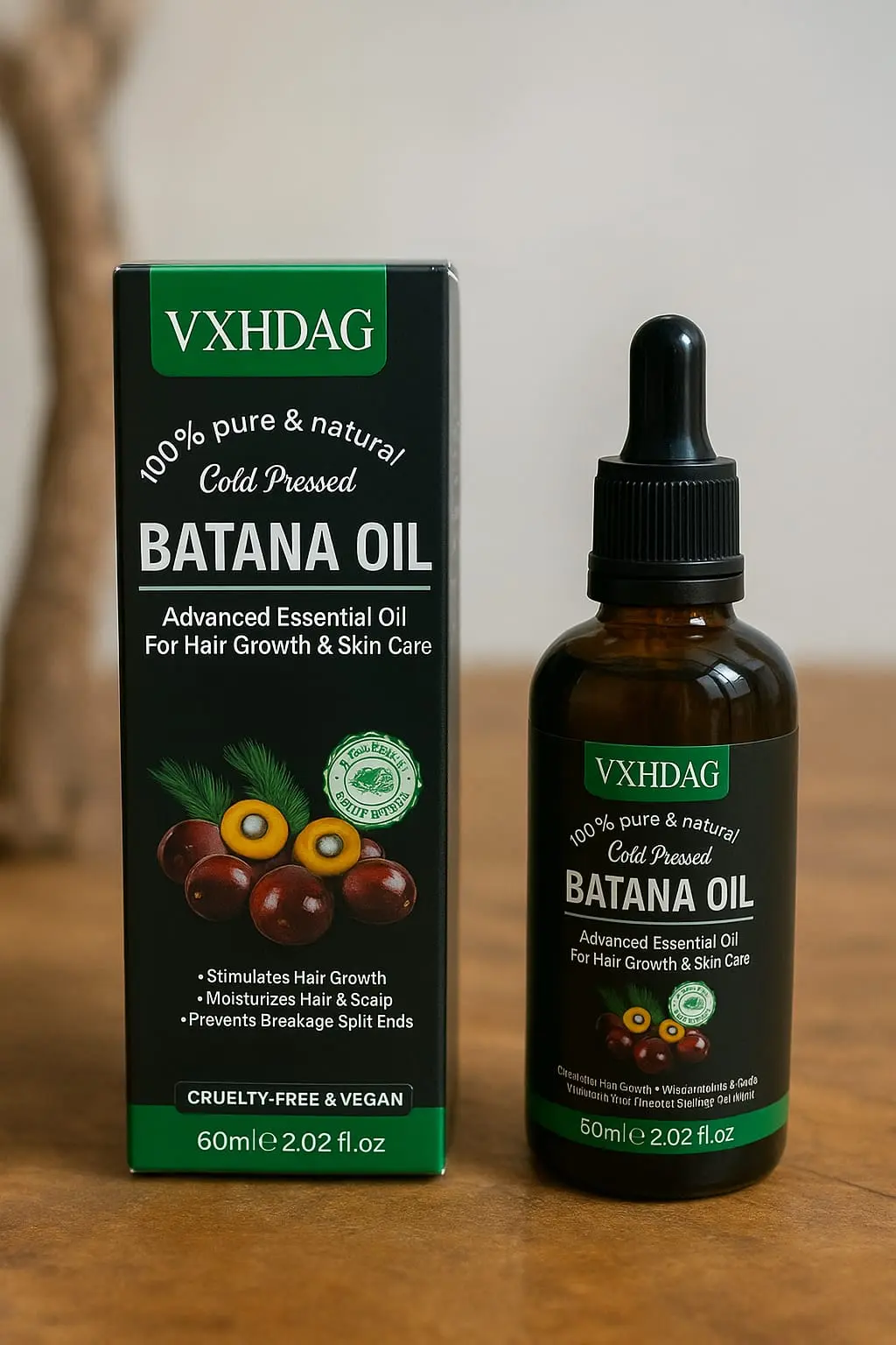 Caja verde oscura junto a un frasco cuentagotas ámbar de aceite de batana para cabello y piel de 60 mililitros sobre superficie de madera.