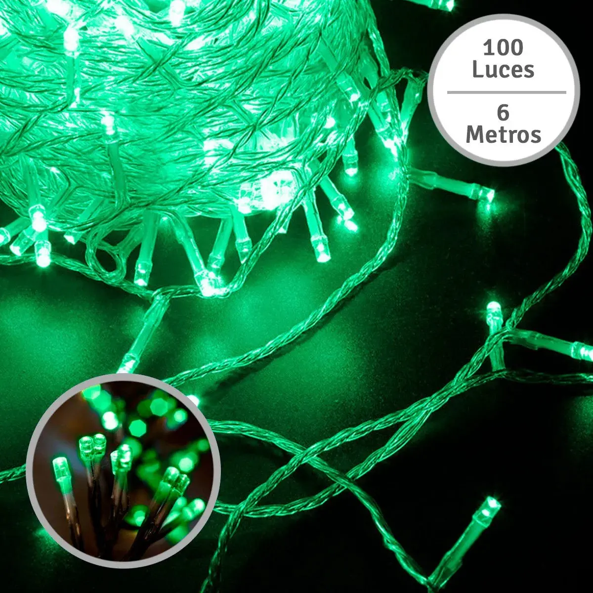 Serie de 100 luces LED verdes para decoración navideña, con 6 metros de longitud, presentada en un ovillo con detalle circular de los bombillos encendidos.