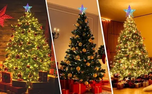 Estrella LED multicolor transparente en la punta de tres árboles de navidad decorados, mostrando su efecto luminoso en ambientes festivos.