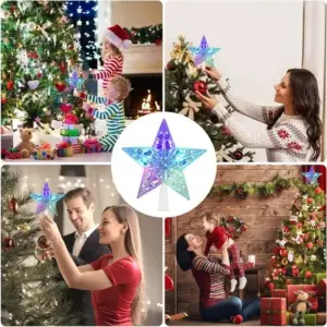 Estrella de Navidad LED multicolor transparente con diseños internos, en primer plano y en escenas de familias decorando sus árboles festivos.