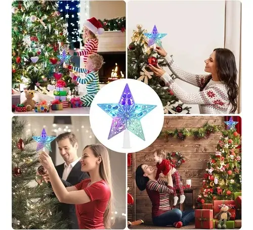 Estrella de Navidad LED multicolor transparente con diseños internos, en primer plano y en escenas de familias decorando sus árboles festivos.