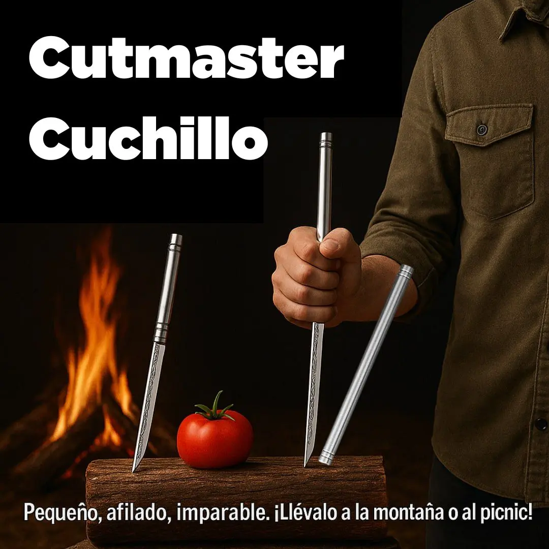 Set de dos cuchillos tipo bolígrafo de acero inoxidable plateado, en un entorno de campamento con fogata y un tomate sobre un tronco.