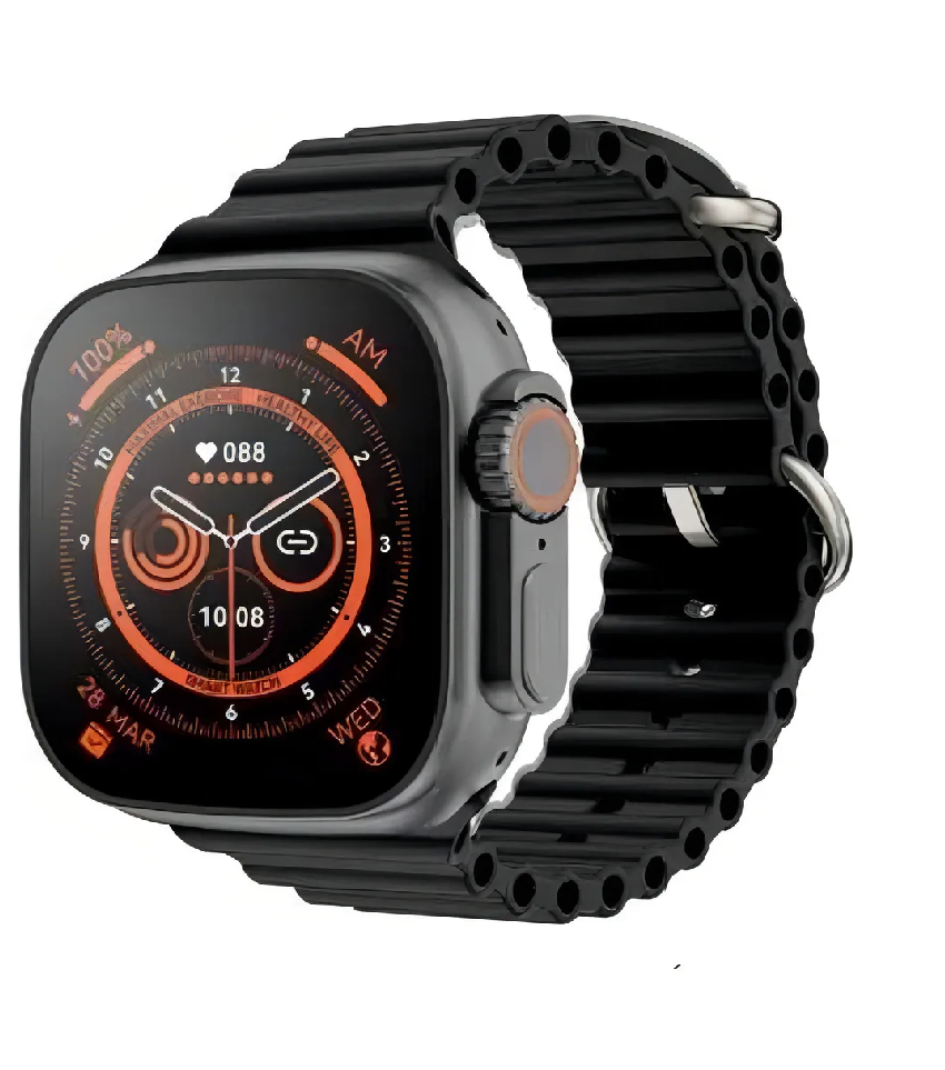Reloj inteligente T800 Ultra negro con correa de silicona estriada y esfera digital con detalles naranja que muestra la hora y ritmo cardíaco.