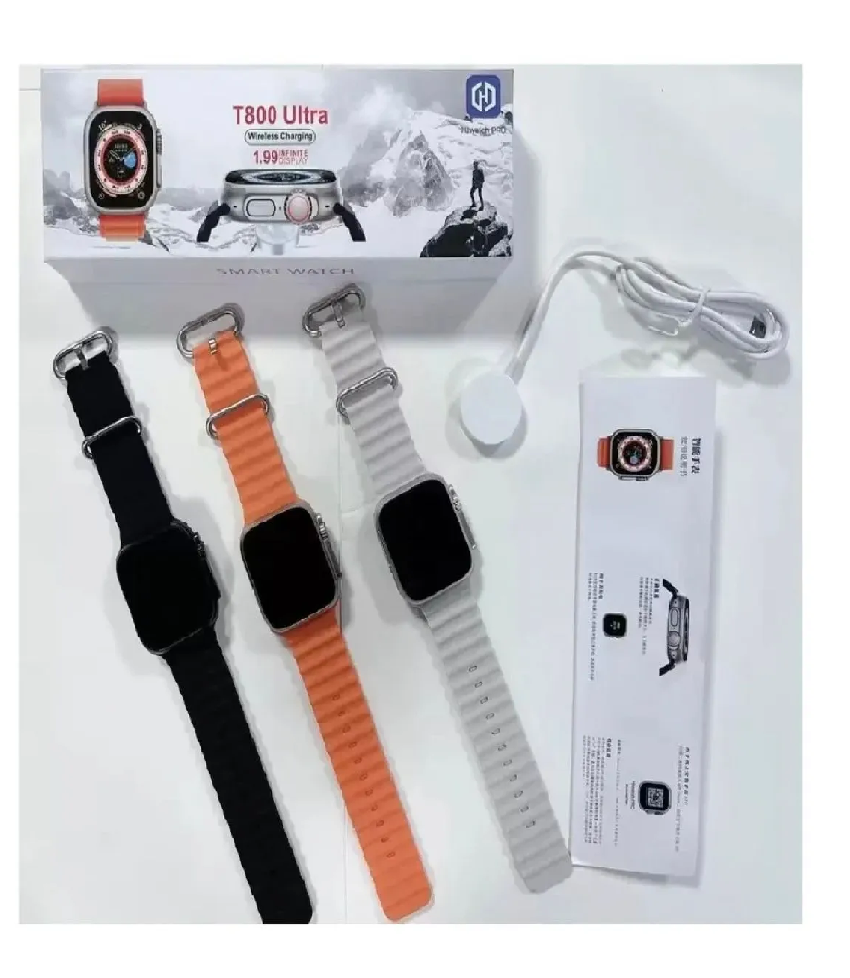 Kit de reloj inteligente T800 Ultra con tres relojes en colores negro, naranja y blanco, cable de carga magnética y manual de instrucciones.