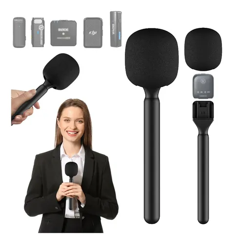 Adaptador de mano negro con espuma antiviento para micrófonos inalámbricos, mostrado ensamblado, desarmado y en uso para entrevistas profesionales.
