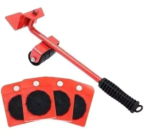 Kit para mover muebles: palanca roja con rodillo y mango negro, junto a cuatro almohadillas deslizantes rojas con superficie negra antideslizante.