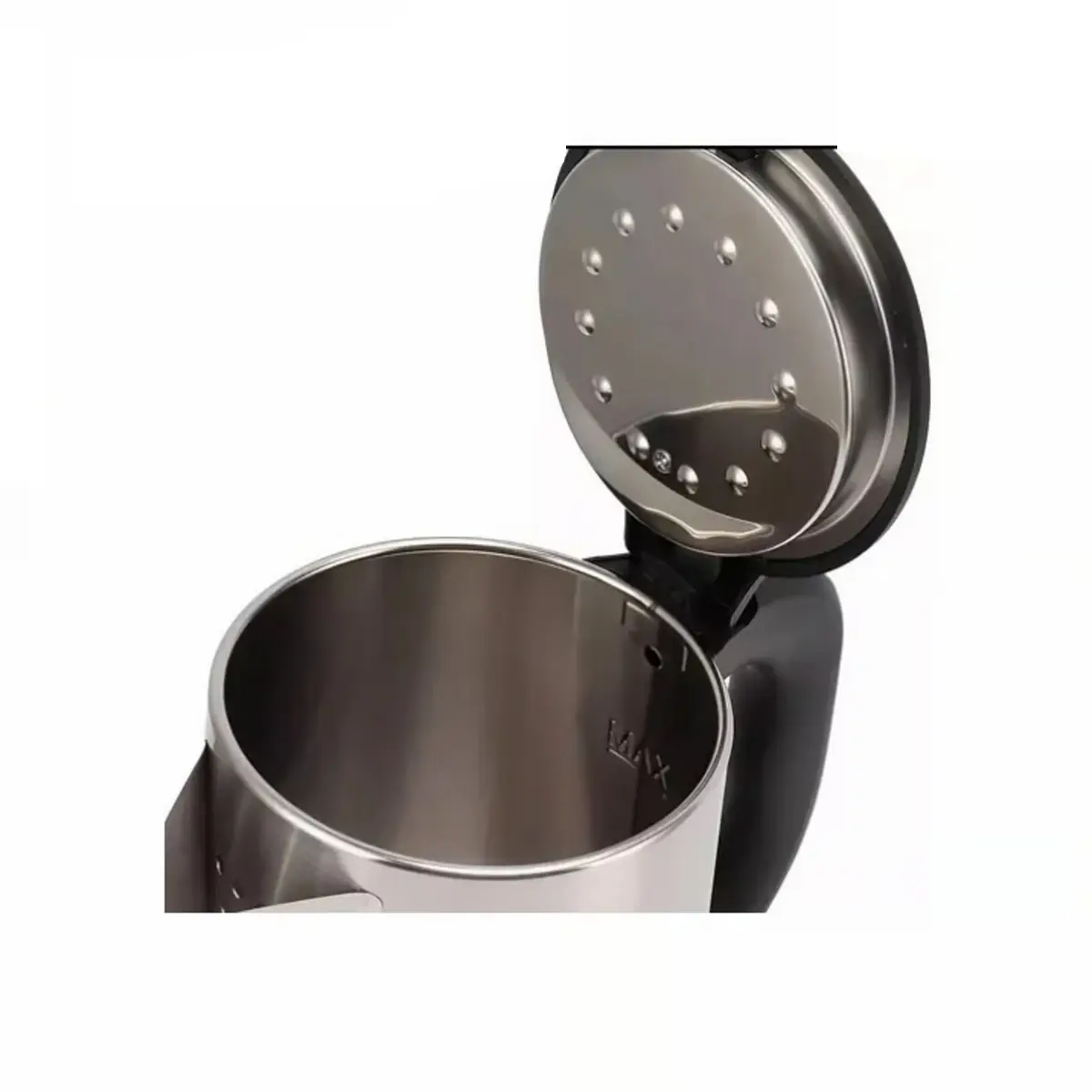 Primer plano de hervidor eléctrico Sokany de acero inoxidable con tapa abierta, mostrando el interior metálico y orificios de vapor.