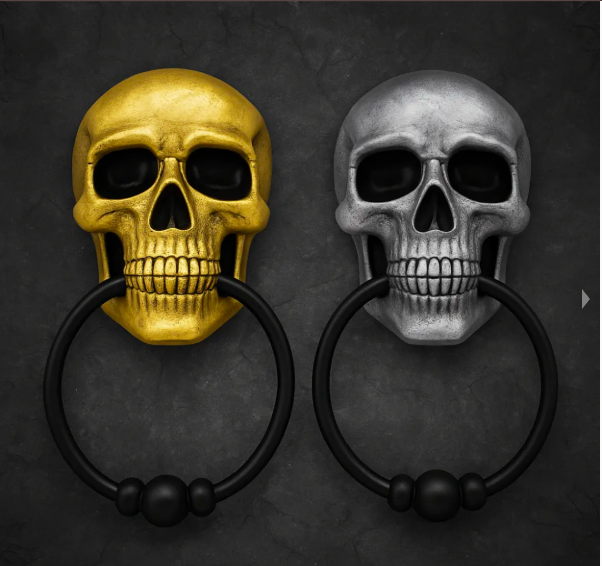 Set x2 aldabas de calavera para puerta en versiones dorada y plateada con aro negro móvil y detalles texturizados.
