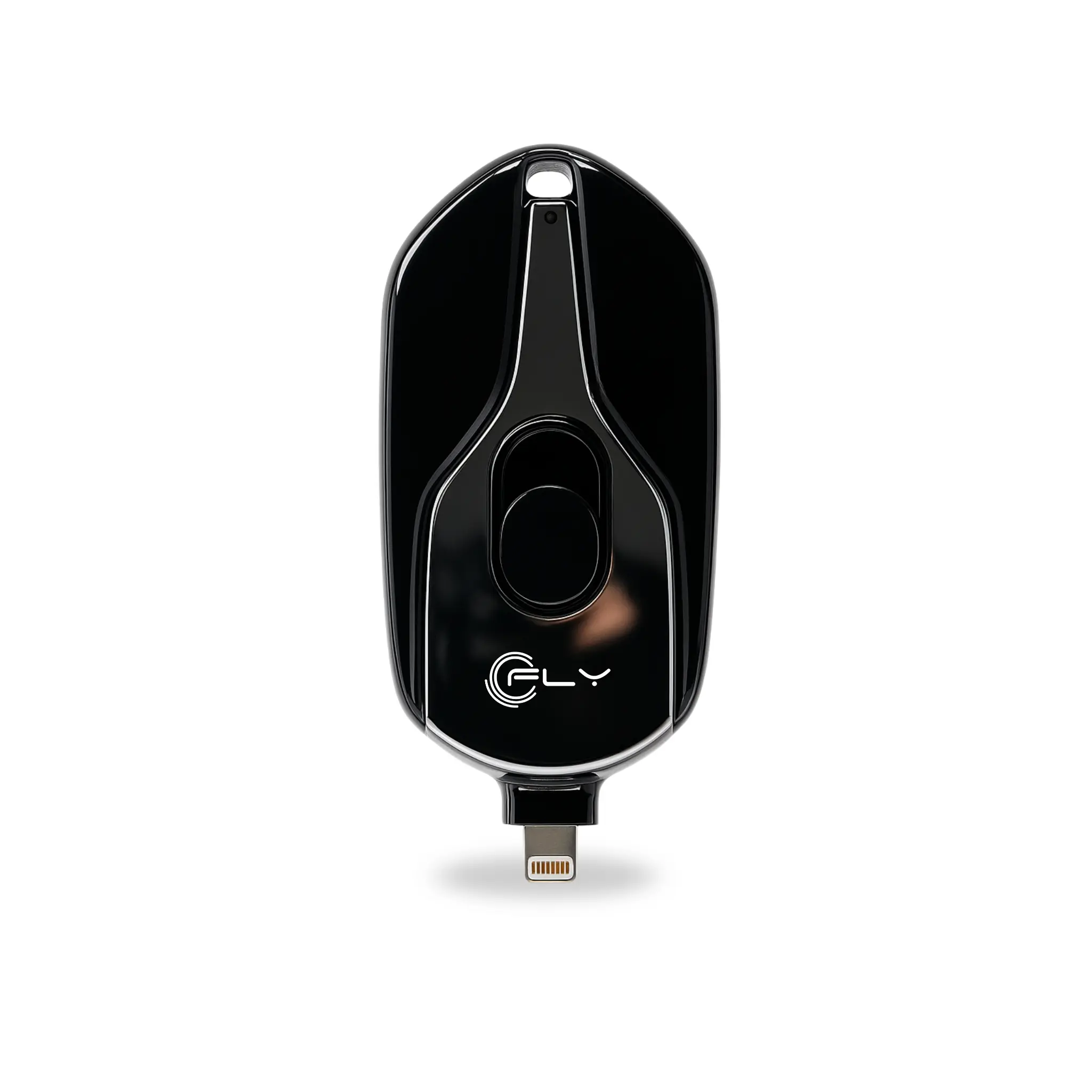 Mini powerbank de llavero color negro con conector Lightning integrado, diseño ultracompacto y brillante, ideal para carga de emergencia en dispositivos.