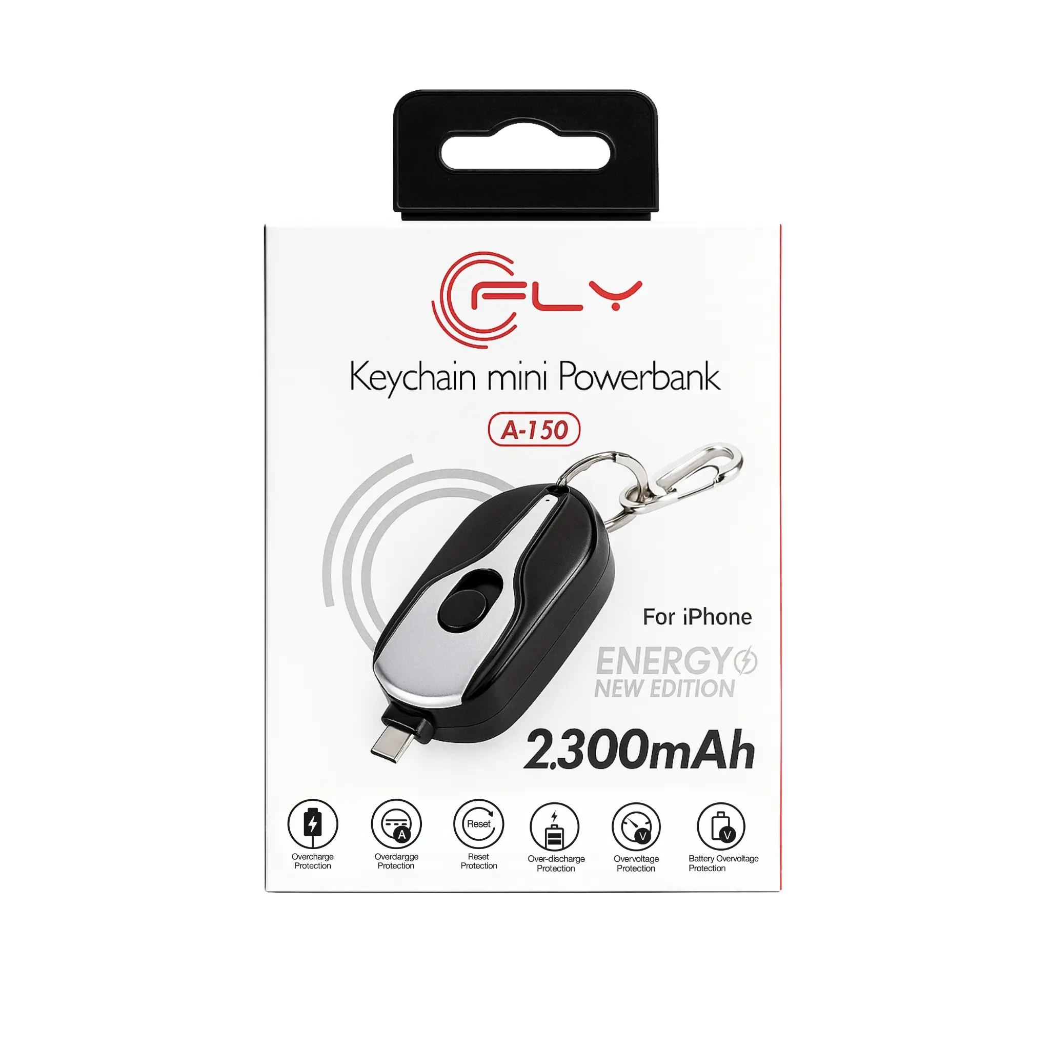 Empaque de mini powerbank para iPhone modelo A-150 de 2300 mAh, color negro con detalles plateados, incluye llavero y protección de carga integrada.