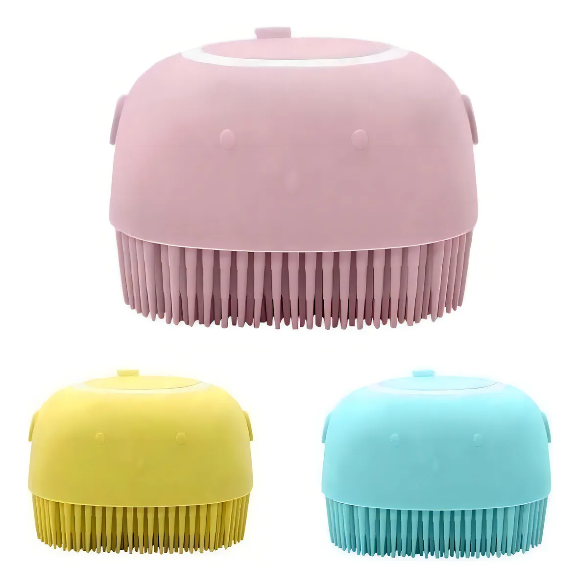 Cepillo de silicona para baño de mascotas con dispensador de champú, en colores rosa, amarillo y celeste, con cerdas flexibles para limpieza profunda.