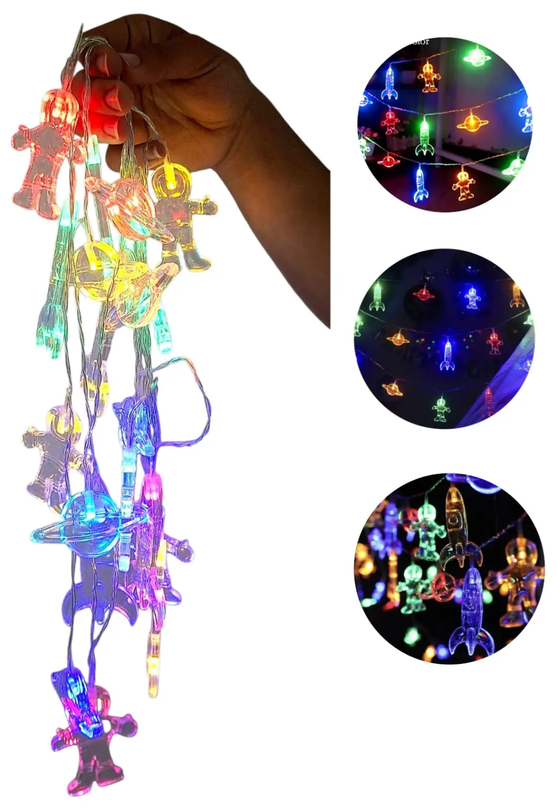 Guirnalda de luces LED decorativas espaciales con figuras translúcidas de astronautas, cohetes y planetas de colores brillantes.