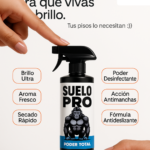 Botella negra con atomizador de Suelo Pro, limpiador de pisos, rodeada por seis burbujas con beneficios y manos sosteniéndola.