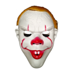 Máscara de payaso blanco con detalles rojos en ojos, nariz y boca, y cabello sintético color cobrizo para disfraces de terror.