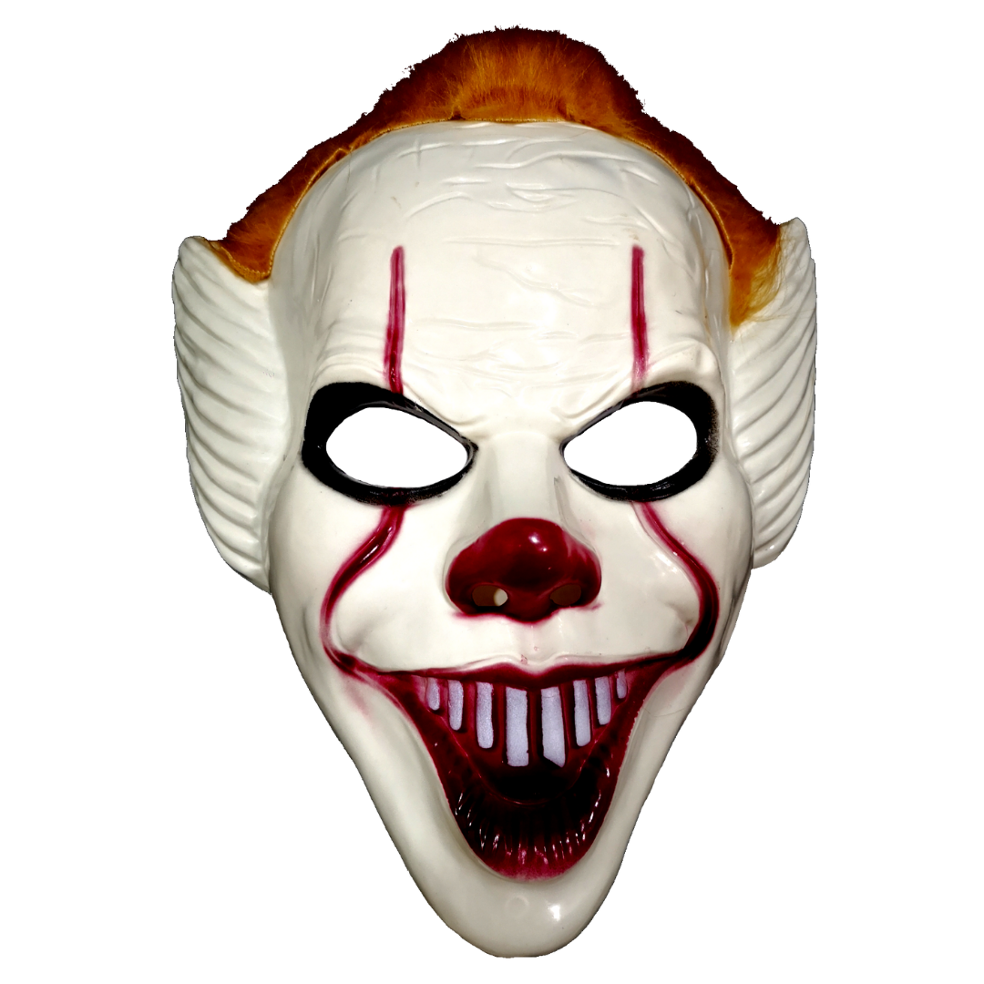 Máscara de payaso con rostro blanco, detalles rojos en ojos y boca, nariz roja y pelo sintético color cobrizo, vista frontal.