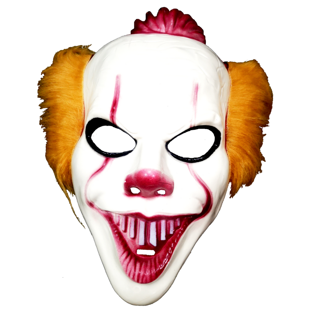 Máscara de payaso con rostro blanco, sonrisa roja con dientes, nariz roja y pelo sintético color cobrizo y rojo en la parte superior.