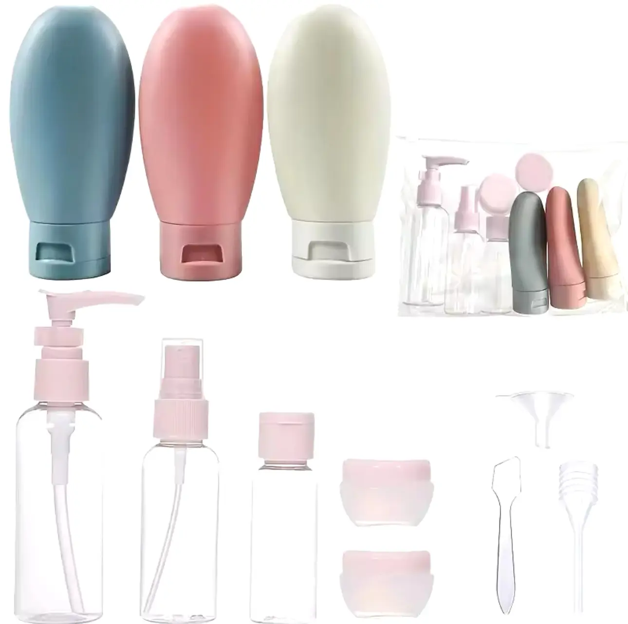 Kit de viaje de 11 piezas en colores pastel, con botellas de silicona suave, dispensadores transparentes, frascos, jarras, embudo y espátula en bolsa.
