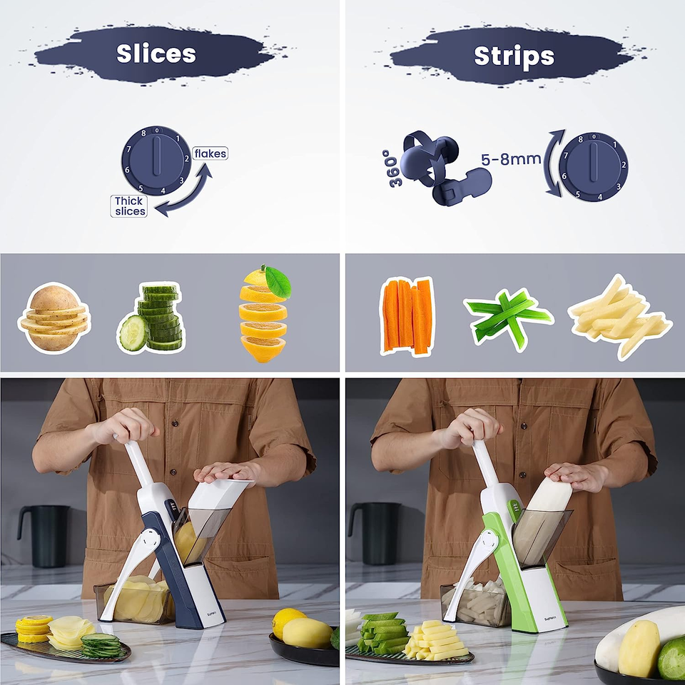 Picador vertical de verduras en azul y verde. Corta rodajas y tiras de 5 a 8 mm con cuchillas ajustables y rotatorias de 360 grados.
