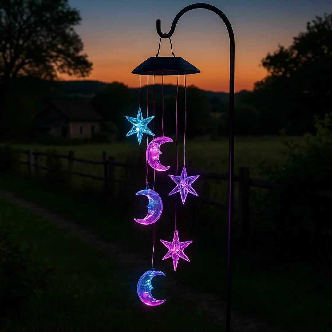 Móvil solar decorativo con estrellas y lunas LED RGB en tonos azul y violeta, colgado de un soporte metálico en un jardín al atardecer.