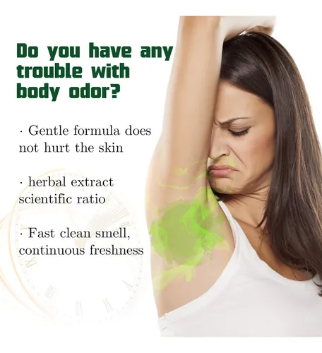 Mujer con gesto de disgusto oliendo su axila, junto a texto promocional de crema natural para axilas con extractos herbales para el mal olor.