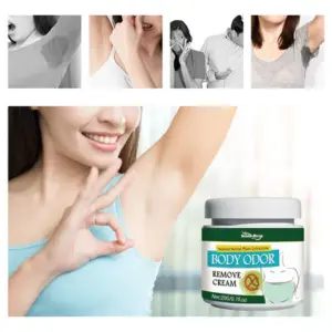 Crema natural verde y blanca de 20 g para eliminar el olor corporal, junto a mujer sonriente mostrando una axila limpia y fresca.