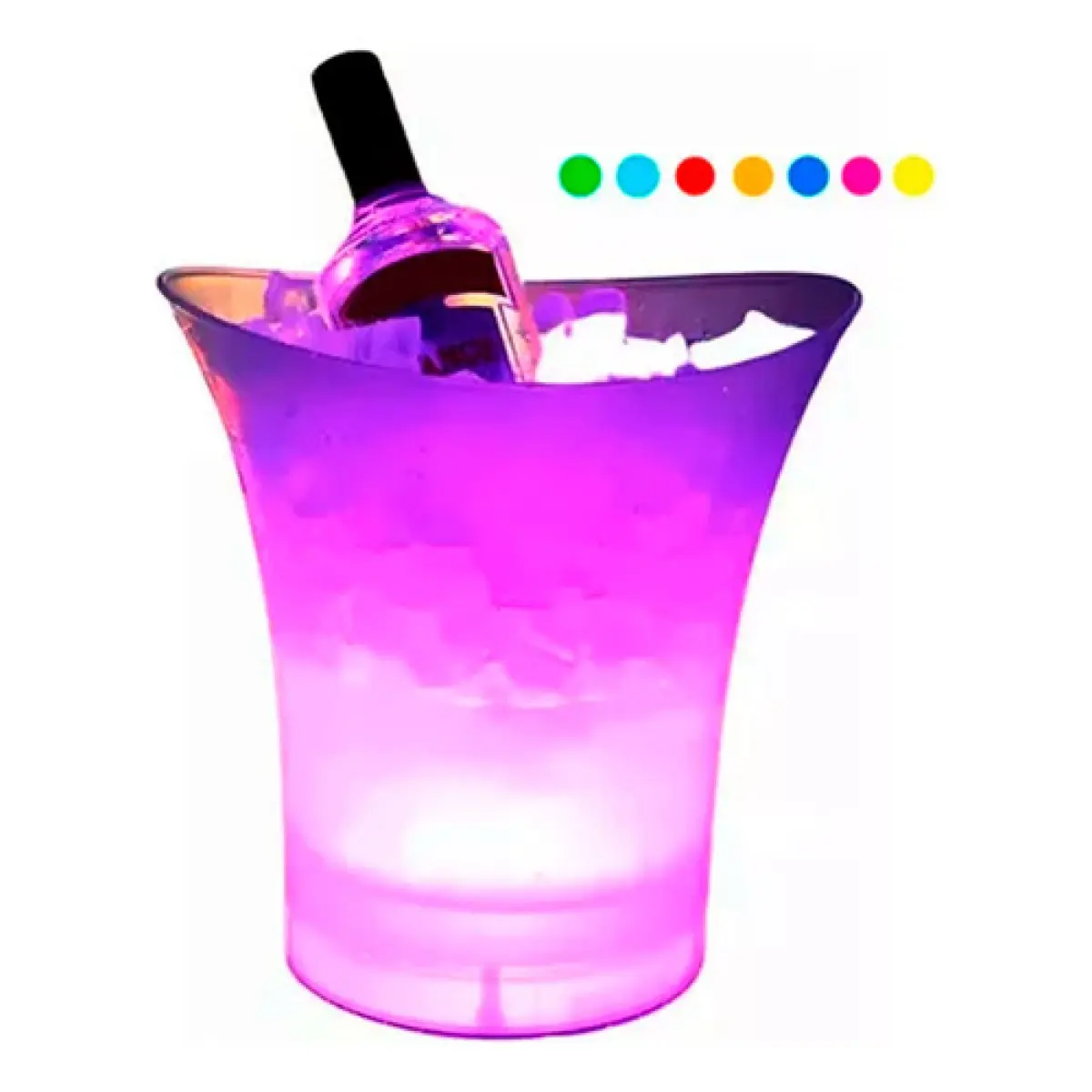 Hielera de 5 litros con luz LED RGB brillante, diseño traslúcido, incluye botella en su interior con hielo y selector de colores en la parte superior.
