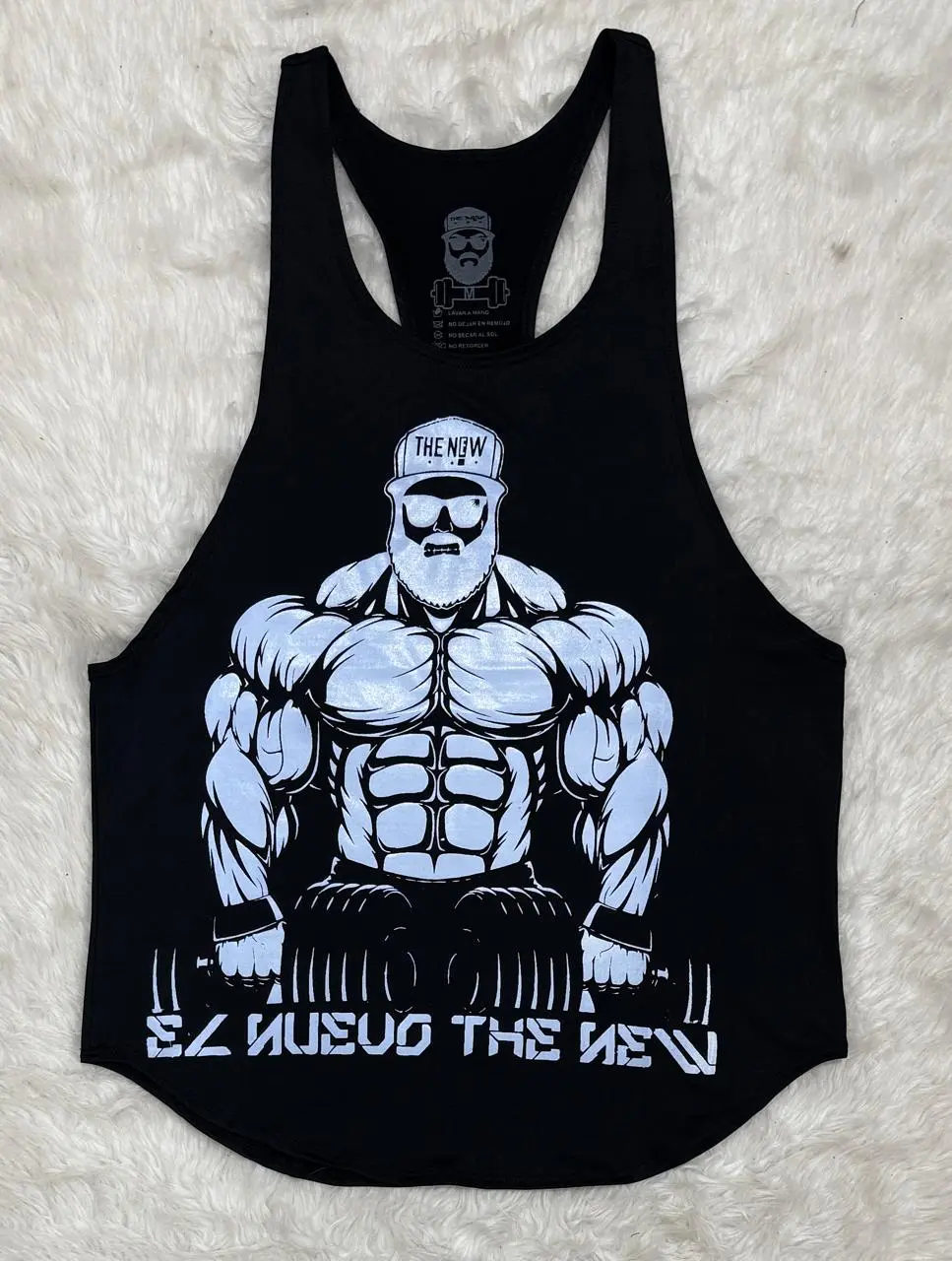 Camiseta esqueleto olímpico negro para hombre con estampado de fisicoculturista musculoso levantando pesas en blanco
