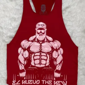 Camiseta esqueleto olímpico deportivo rojo para hombre con diseño frontal de fisicoculturista con mancuernas en tono rosado