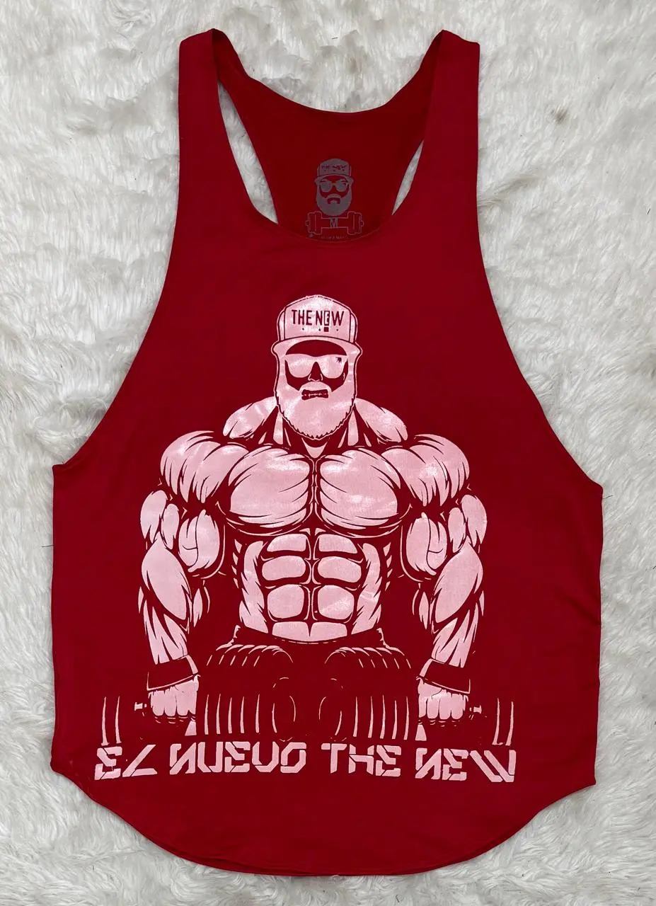 Camiseta esqueleto olímpico deportivo rojo para hombre con diseño frontal de fisicoculturista con mancuernas en tono rosado