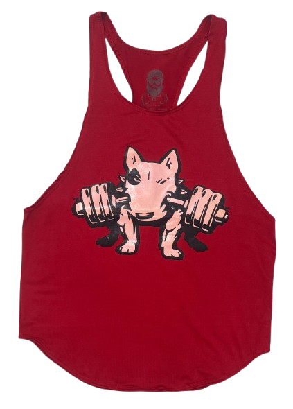 Esqueleto olímpico rojo para gimnasio con diseño de perro pitbull halterófilo levantando pesas, corte atlético y espalda deportiva.
