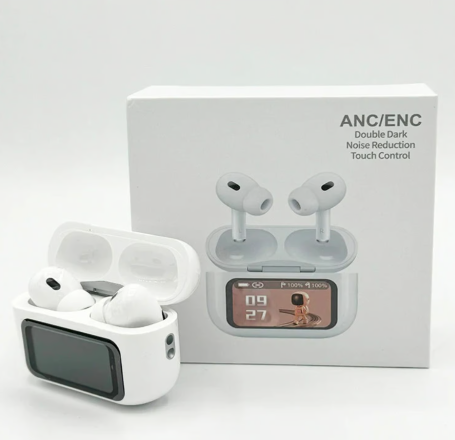 Auriculares inalámbricos blancos con estuche de carga táctil con pantalla LED, estuche abierto mostrando los audífonos y caja de empaque al fondo.