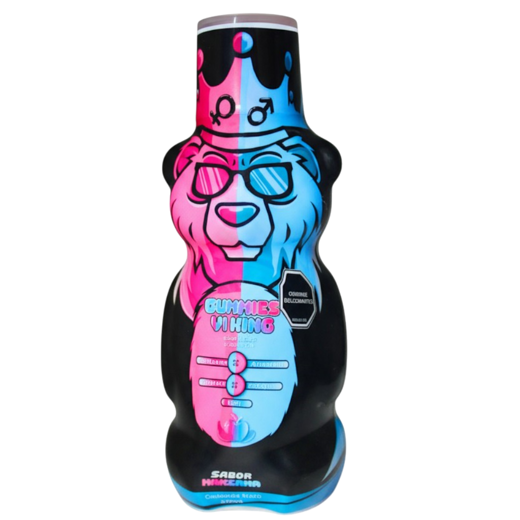 Frasco dosificador negro con diseño de oso mitad rosa y mitad celeste, con lentes, corona y etiqueta del jarabe energizante Vi King.