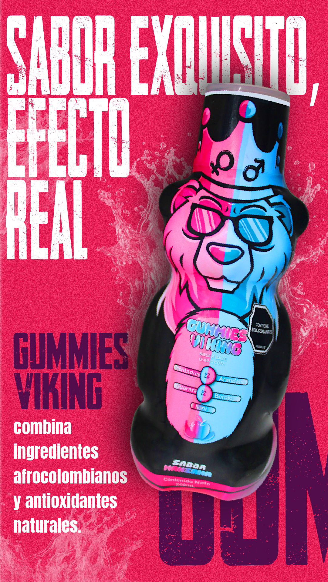 Jarabe energizante en botella con forma de oso bicolor rosa y azul, corona y anteojos, con borojó y chontaduro, presentación de 240 ml.