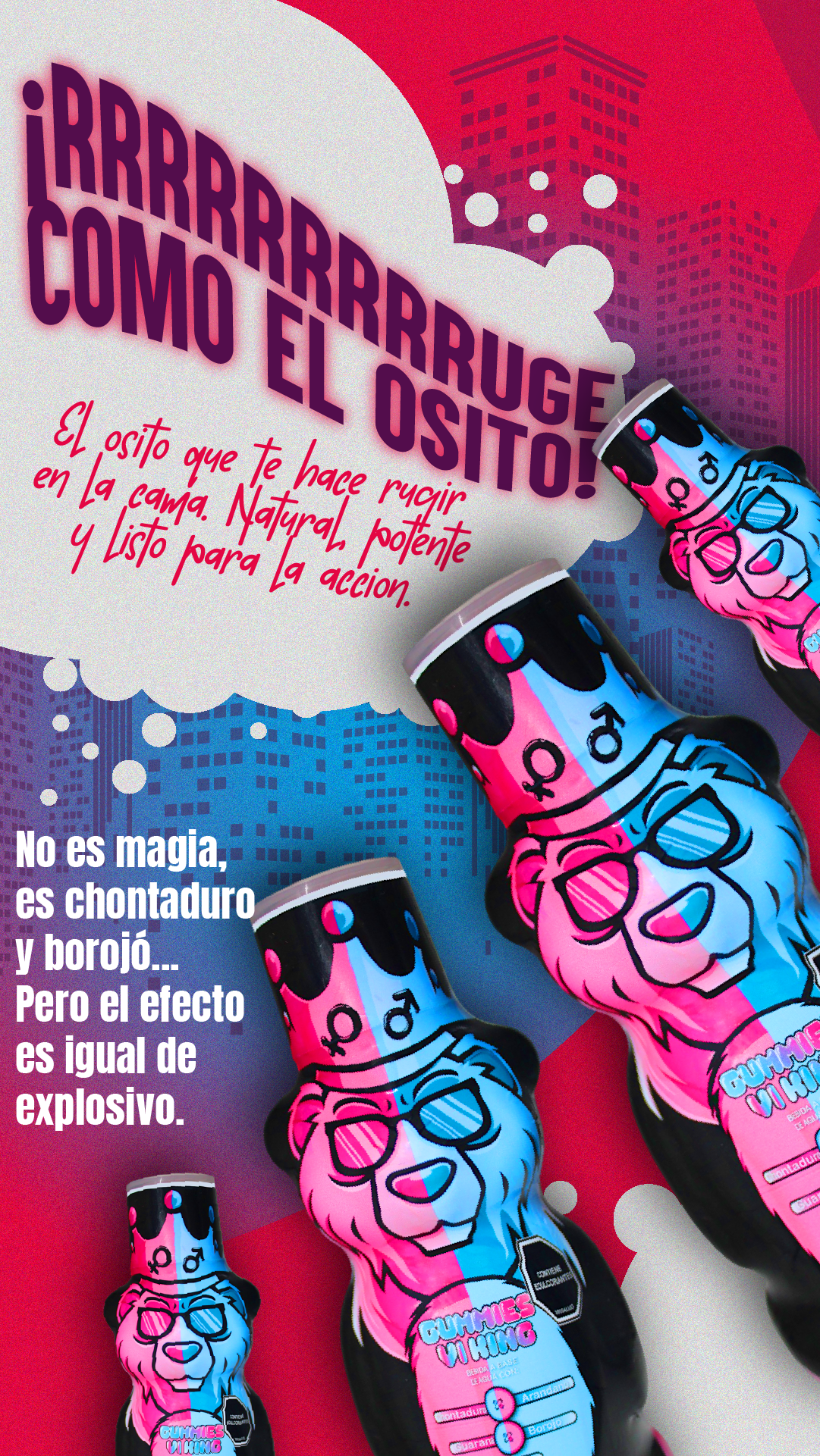 Frasco de jarabe energizante de 240 ml con diseño de oso, elaborado con chontaduro y borojó para aumentar la vitalidad diaria.