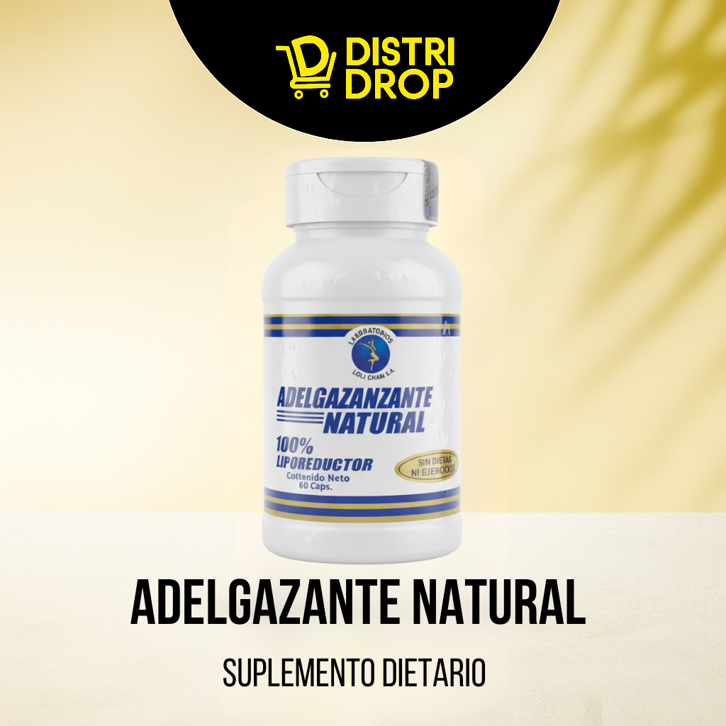 Frasco blanco de suplemento dietario natural con etiqueta azul y amarilla que contiene 60 cápsulas, ubicado sobre una superficie clara con fondo cálido y difuminado.