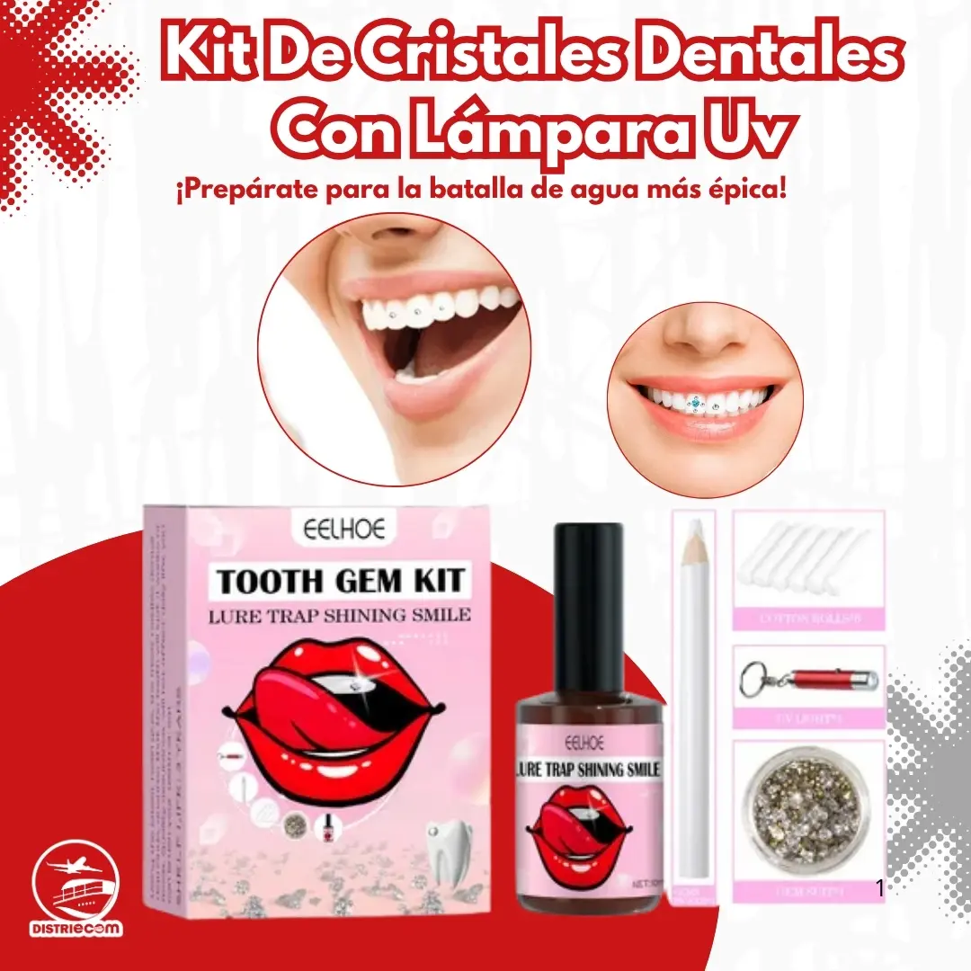 Kit de cristales dentales con caja rosa, frasco de resina, lápiz aplicador, rollos de algodón, lámpara UV roja y estuche de gemas brillantes.
