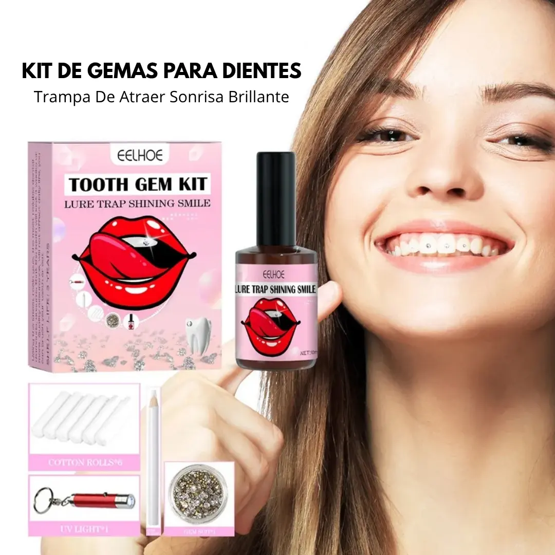 Kit de gemas dentales con caja rosa, frasco de resina, lámpara UV roja, aplicador, rollos de algodón y rueda de cristales brillante.