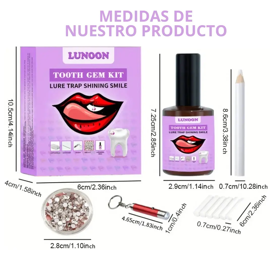 Kit de cristales dentales en caja lila, incluye botella de resina, gemas, lámpara UV roja, aplicador y aplicadores con medidas detalladas en centímetros.