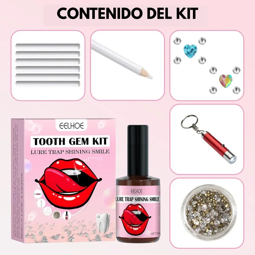 Kit de cristales dentales Eelhoe con resina adhesiva, aplicador, rollos de algodón, gemas brillantes, luz UV tipo llavero y estuche rosa.