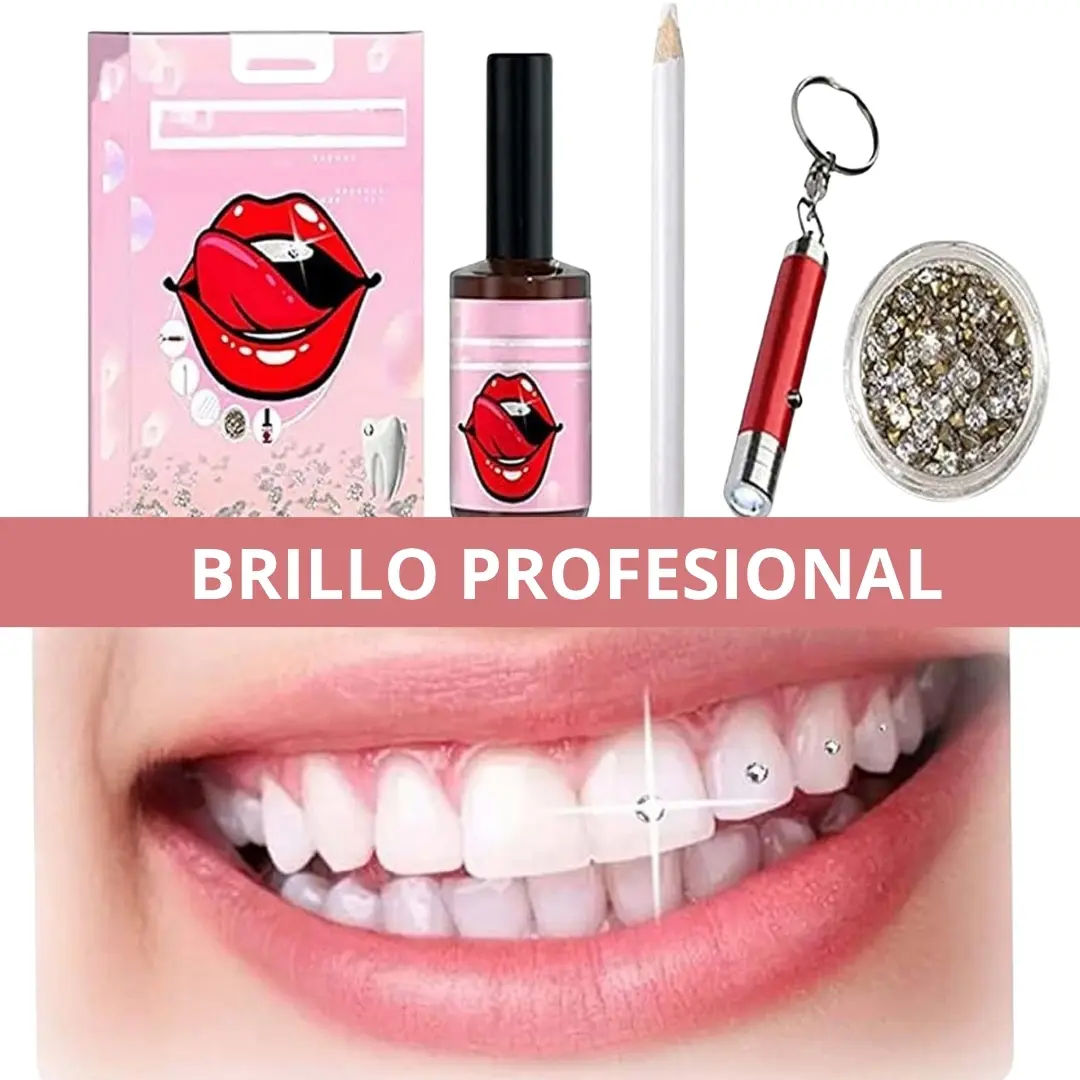 Kit de cristales dentales con resina rosa, lámpara UV roja, aplicador y piedras, mostrando una sonrisa con los cristales aplicados y brillantes.