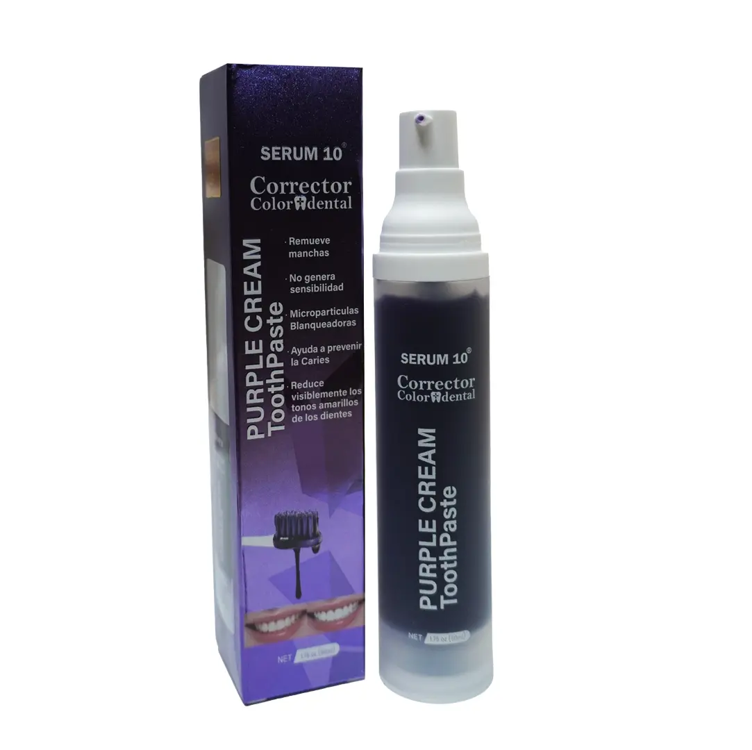 Sérum corrector dental morado y blanqueador en envase dispensador vertical junto a su caja rectangular con diseño en tonos morados.