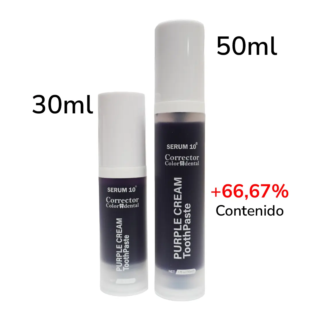 Dos envases dispensadores de sérum corrector dental morado blanqueador; uno de 30 ml y otro de 50 ml, indicando un aumento del 66,67% en contenido.