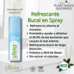 Spray refrescante bucal Glister de 14 ml en envase azul claro, con fórmula vegetal antibacteriana y sin azúcar, rinde hasta 250 aplicaciones.