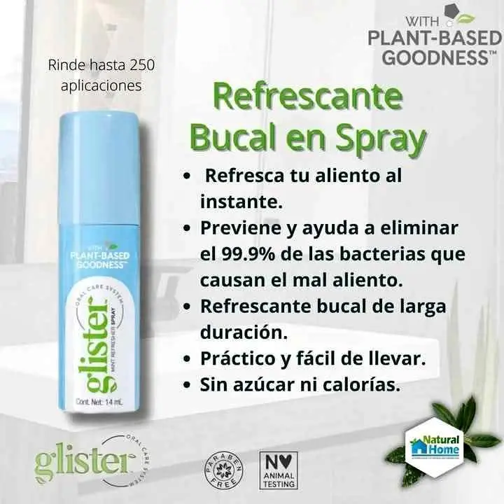 Spray refrescante bucal Glister de 14 ml en envase azul claro, con fórmula vegetal antibacteriana y sin azúcar, rinde hasta 250 aplicaciones.