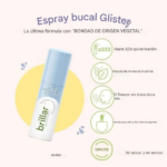 Spray bucal Glister con envase azul y blanco, incluye beneficios de menta Nutrilite, formato portátil para 223 usos, sin azúcar ni aerosol.