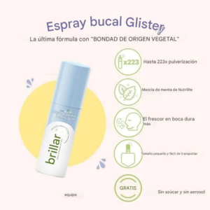 Spray bucal Glister con envase azul y blanco, incluye beneficios de menta Nutrilite, formato portátil para 223 usos, sin azúcar ni aerosol.
