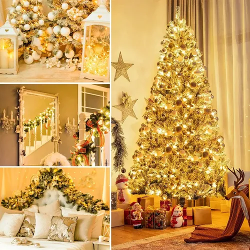 Luces lineales de navidad de 7 metros con control de secuencia, iluminando un árbol dorado, guirnaldas en cabecera, espejos y faroles con ambiente cálido.