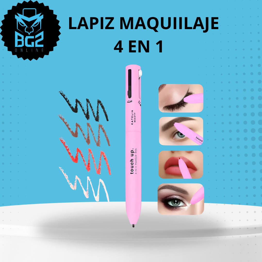 Lápiz de maquillaje rosa 4 en 1 Katelia Beauty con puntas retráctiles para ojos, cejas, labios e iluminador, mostrando trazos de color y su uso aplicado.